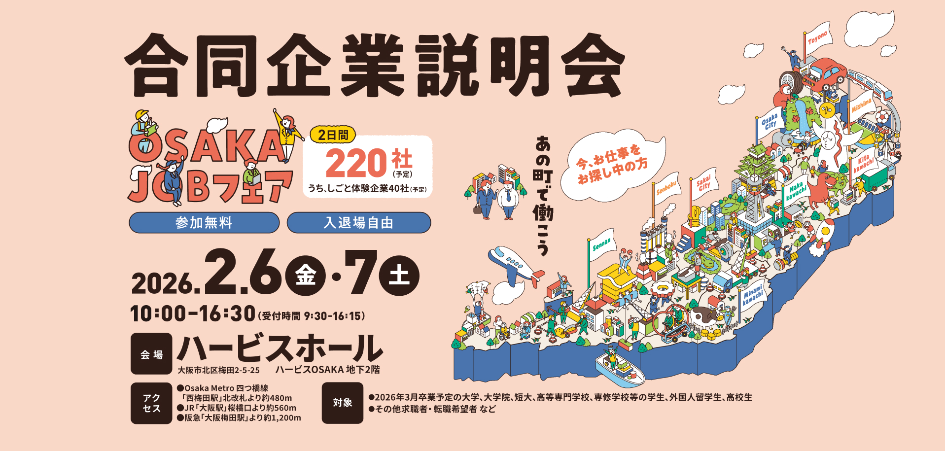合同企業説明会 OSAKAJOBフェア 2026年2月6日（金）と7日（土）の2日間で220社出展予定！10:00-16:30（受付時間 9:30-16:15）  参加無料、入退場無料でハービスホールにて開催！